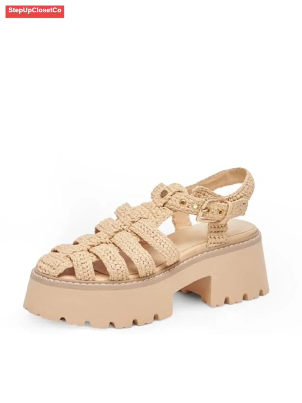 Woven Raffia Platform Sandals Chunky Heel Fisherman Sandals Closed Toe
